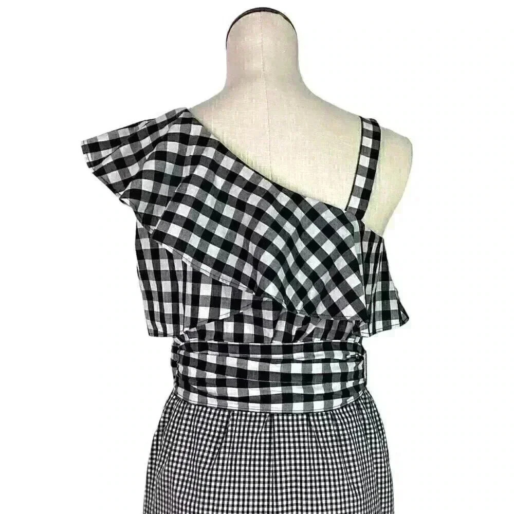 Calvin Klein Dress Women 4 Black White One Shoulder Flounce Cotton Blend Gingham - Picture 7 of 8